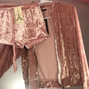 Pink velvet jacket and shorts